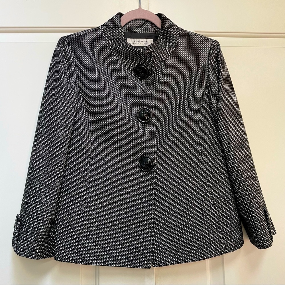 Tahari ASL Black White Textured Button Front Fully Lined Jacket Work Wear Office